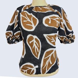Who What Wear M Puff Sleeve Top Black Brown Leaf Linen Art Summer Coastal Spring